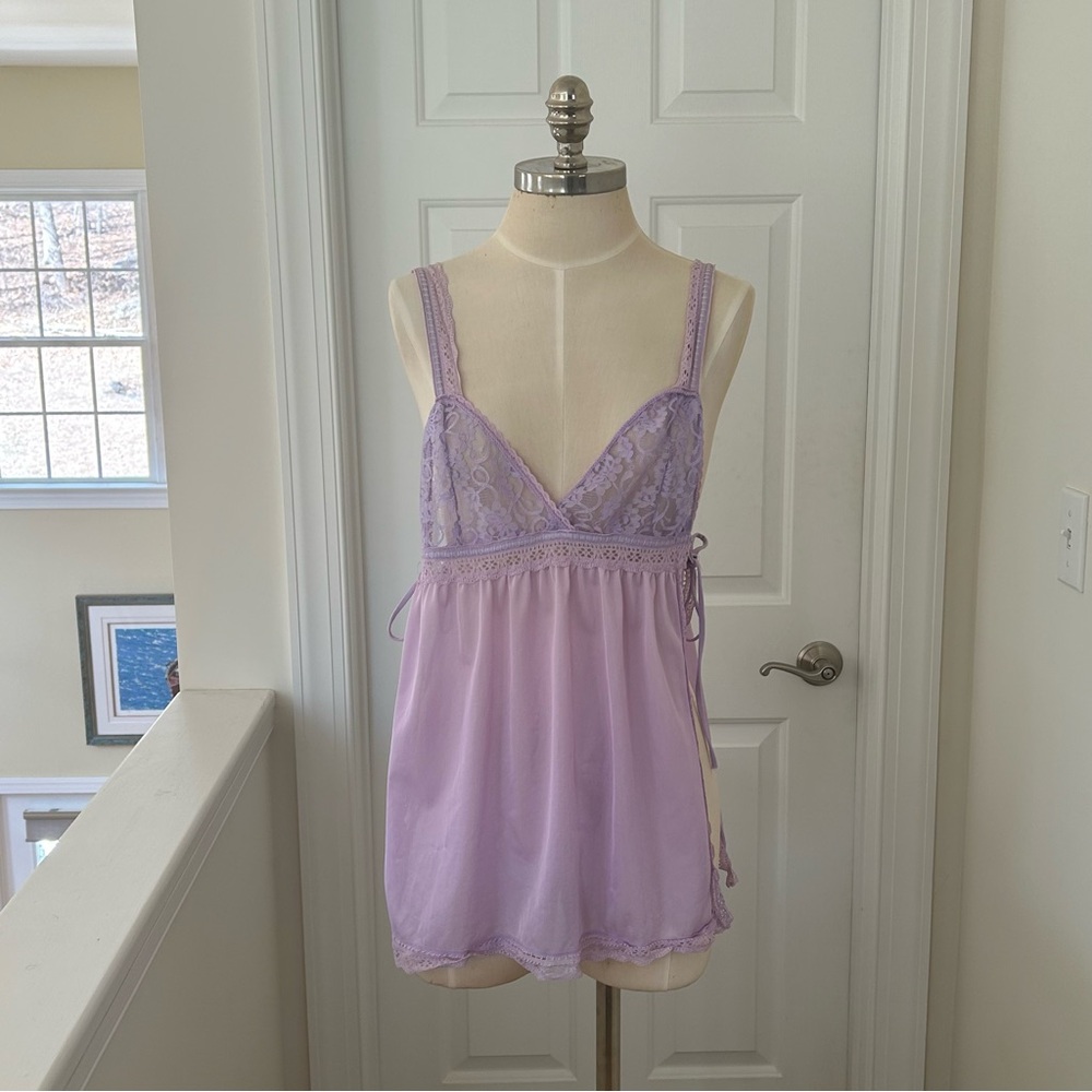Lilac lace babydoll slip dress with adjustable ties on the side